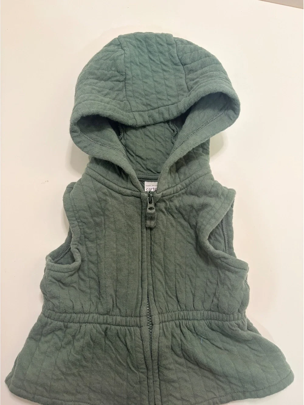 Sage Green Quilted Hooded Peplum Zip Vest Size 6-9 Months